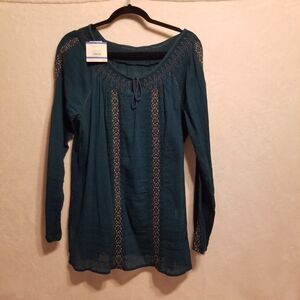 Anne Klein XL Top Teal Cotton Sheer Embroidered Bohemian Peasant Festival  NEW